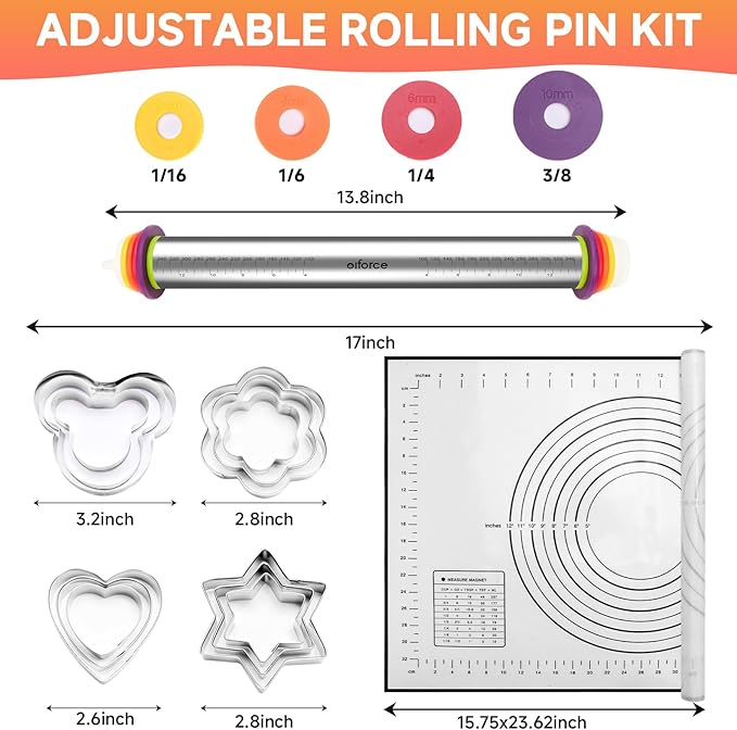 13.6" Stainless Steel Rolling Pin with 4 Thickness Rings & Cookie Molds | Comes with Pastry Baking Mat, Adjustable Dough Roller for Pizza, Cookie, Bread & Pie Crusts