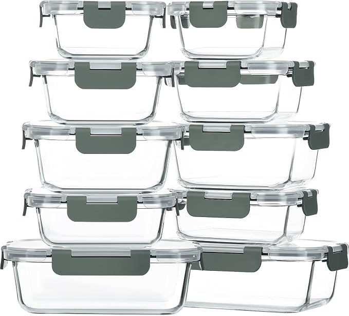 M MCIRCO 10 Pack Glass Food Storage Container with Lids,Gray | Glass Meal Prep Containers with Lids, Airtight Lunch Bento Boxes,Microwave, Oven, Freezer and Dishwasher Friendly, BPA Free