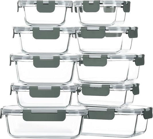 M MCIRCO 10 Pack Glass Food Storage Container with Lids,Gray | Glass Meal Prep Containers with Lids, Airtight Lunch Bento Boxes,Microwave, Oven, Freezer and Dishwasher Friendly, BPA Free