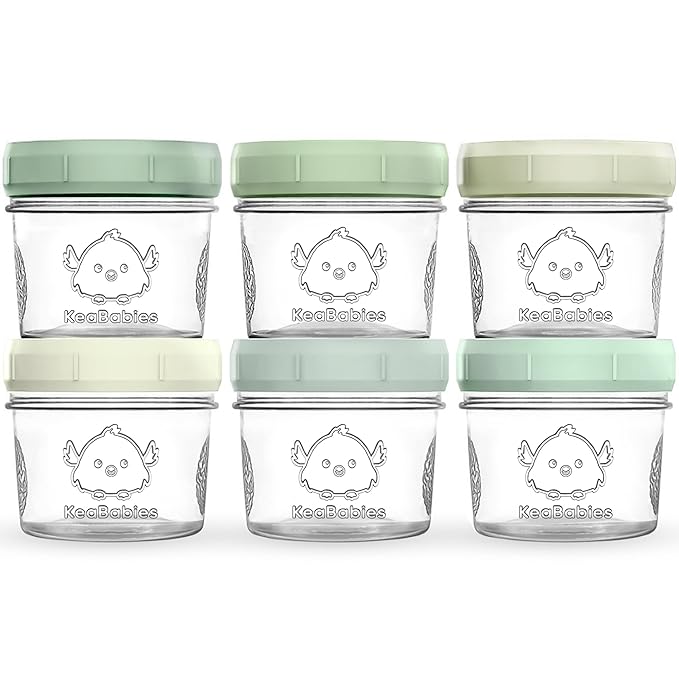 KeaBabies 6pk 4oz Glass Baby Food Containers with Lids, Leak-Proof (Sage) | Microwavable Small Glass Jars, Baby Purees, Toddler Snack Storage Containers, BPA-Free, Dishwasher-safe, Freezer Safe