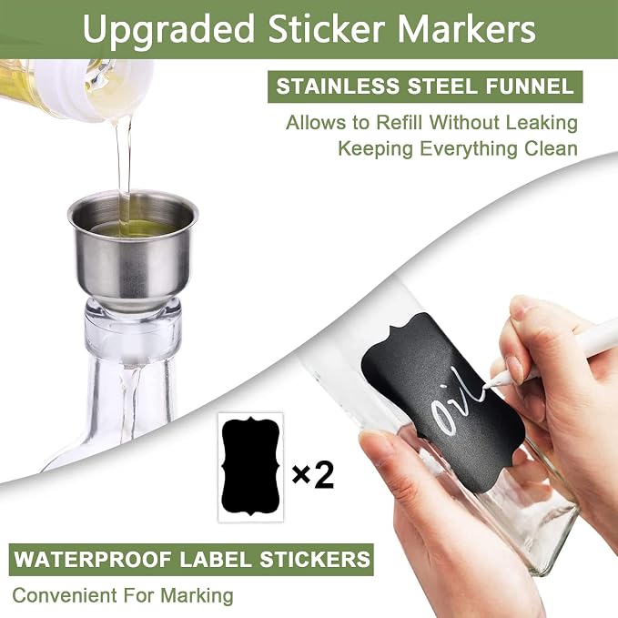 Leaflai Olive Oil Dispenser Bottle, 2 Pcs Glass Olive Oil Dispenser and Vinegar Dispenser Set with 2 Stainless Steel Pourers, 4 Labels,1 Brush and 1 Funnel Oil Bottles for Kitchen (500ml)