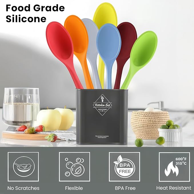 GEEKHOM Silicone Cooking Spoons, 4 Pieces 11" Heat Resistant Silicone Kitchen Utensils Set Large Serving Stirring Spoons for Non Stick Cooking, Mixing, Basting, Baking, Red+Green+Yellow+Orange