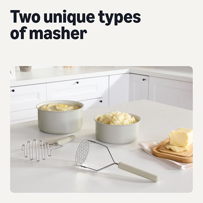 Amazon Basics Potato Mashers, 2-Piece Set, Stainless Steel, Soft Grip Handle, Dishwasher-Safe, Linen Gray