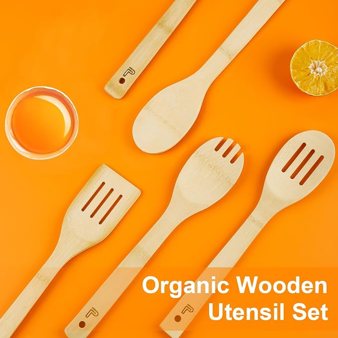 5 Piece Wooden Spoons - Natural Bamboo Wood Cooking Utensils Set,Nonstick Wooden Spatula & Spoons for Cooking,Premium Wood Kitchen Utensil Set,Housewarming Gifts New Home