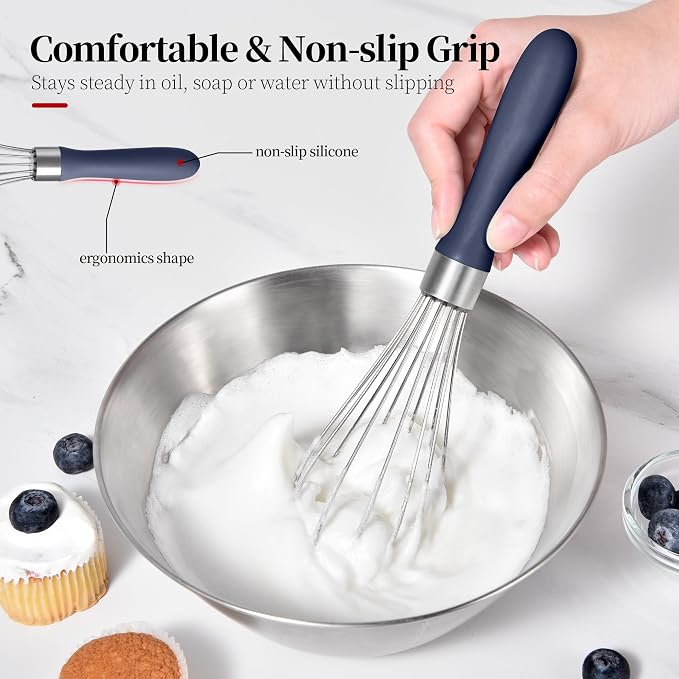 18/8 Stainless Steel Cooking Balloon Whisk (Small, Midnight Blue) | Heavy Duty Metal Kitchen Wire Whisker Wisking Tool Egg Beater Hand Mixer for Mixing Baking Beating Stirring Sauce Flour