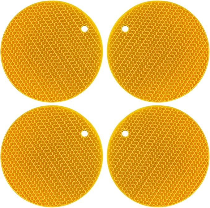 7-Inch Round Silicone Trivet Mats - 4-Pack Non-Slip Heat Resistant Hot Pads for Kitchen Countertops, Pots and Pans (Bright Yellow)