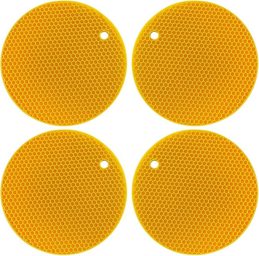 7-Inch Round Silicone Trivet Mats - 4-Pack Non-Slip Heat Resistant Hot Pads for Kitchen Countertops, Pots and Pans (Bright Yellow)