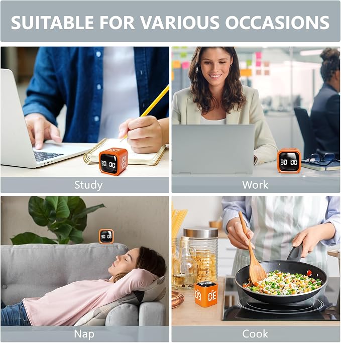 GuDoQi Multi-Function Cube Timer, 5/10/30/60 Min & Custom Count Down, Included Pause & Resume Feature, Silent, Vibrate & Adjustable Sound Alarm for Productivity in Tasks, Study & Kitchen, Orange