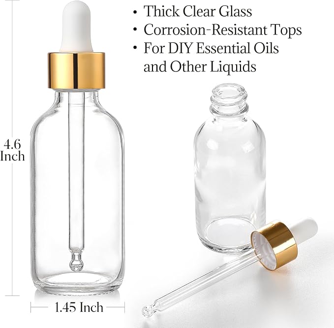 AOZITA Set of 4, 2 oz Golden Cap Clear Dropper Bottles (60ml) with 1 Funnel & 4 Labels - Glass Tincture Bottles for Essential Oils with Eye Droppers - Leak Proof Travel Bottles for Liquids