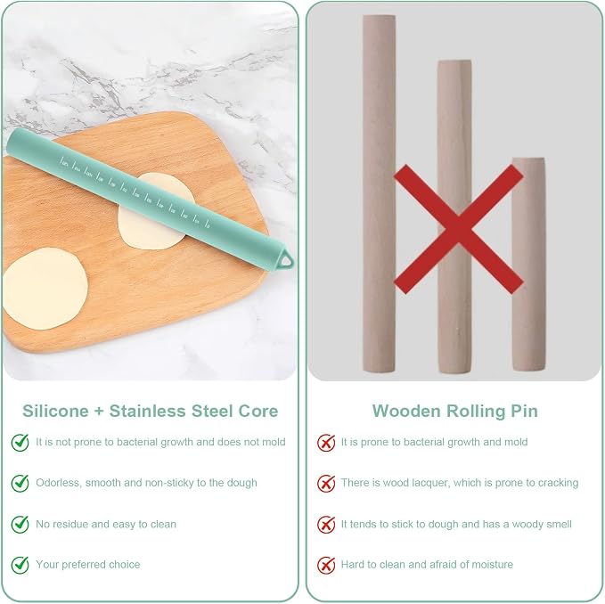 Non Stick Dough Roller Pins for Baking,Silicone Rolling Pin with Steel Core 10.39"/26.4cm (Green)