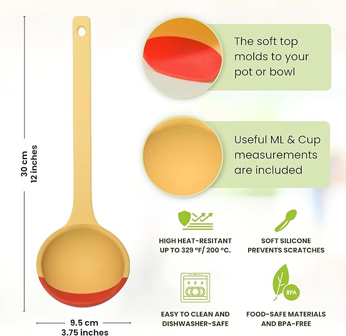 Silicone Spoon - Colorful Silicone Spatula Ladle with a Soft Top to Mold to your Pots & Pans. (Red/Yellow)
