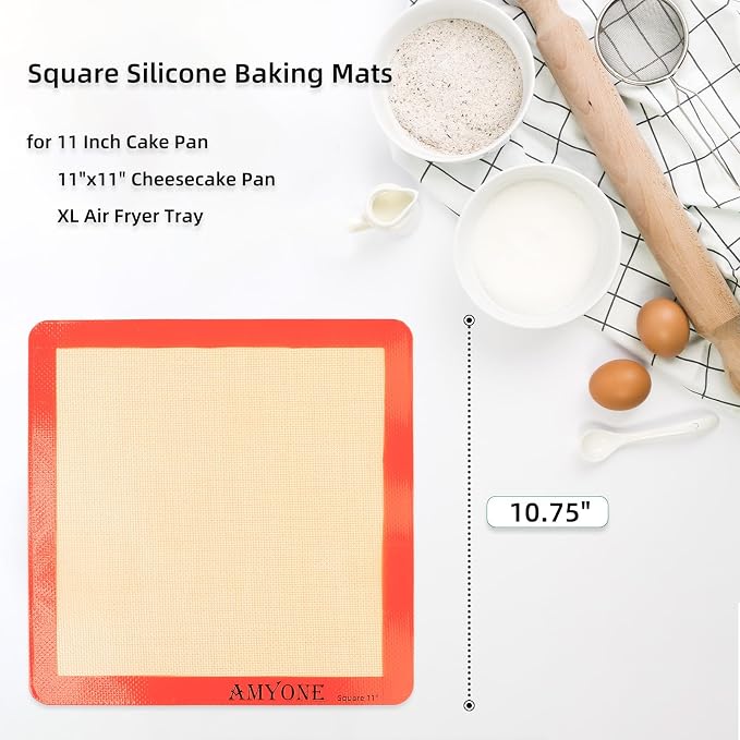 AMYONE 11x11 Silicone Baking Mat, Square Air Fryer Liner, Platinum, 2 Pack | For 11x11 Square Cake Pan/Cheesecake Pan/Toaster Oven/XL Air Fryer, Food Grade Silicone Baking Sheet Liner for Cake/Cookie