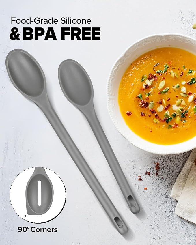 Silicone Cooking Spoons Set, Heat Resistant Kitchen Utensils, Non-Stick BPA Free Solid & Slotted Spoons for Mixing, Scooping, Draining, Serving, Basting (4 Pack) (GREY)