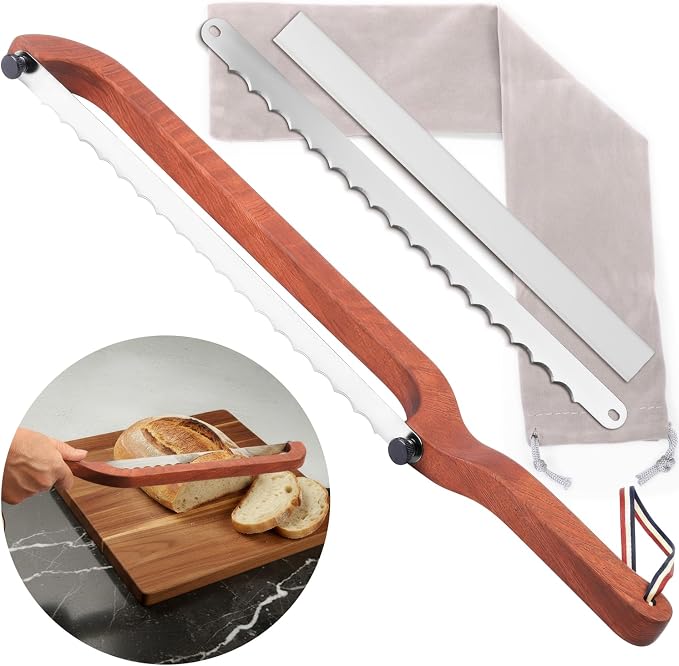 Bread Knife for Sourdough - Right-Handed Serrated Bread Slicer with 2 Blades, Cuts to Bottom for Perfect Slices, Sapele Wood Handle & Storage Pouch