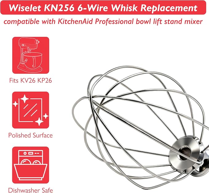 Wiselet Stainless Steel Wire Whip Attachment Compatible with KitchenAid 6 Quart Bowl-Lift Stand Mixer, Food-Grade 18/8 Whisk Replacement for KP26, KSM55, KV25, KT26, Dishwasher Safe, Heavy Duty