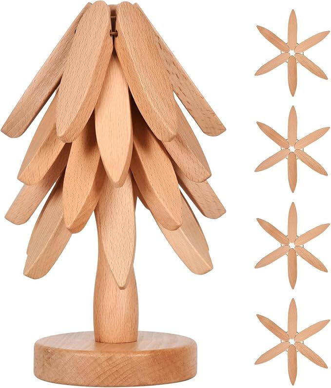 Wooden Cup Coaster Set，Tree Shape Trivet Set,Tree Coasters- 4 Wooden Trivets + 1 Stand stored for hot Dish/Pot/Bowl/teapot/hot Pot Set