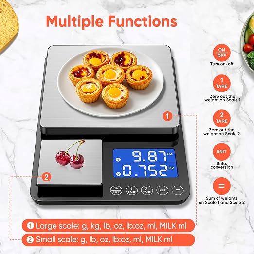 Dual Platform Digital Kitchen Scale, 33lb/15kg & 0.001oz/0.01g Precision, Two Scales in One, Coffee & Food Scale, Dual Display, Stainless Steel, Tare, g/oz/lb/ml