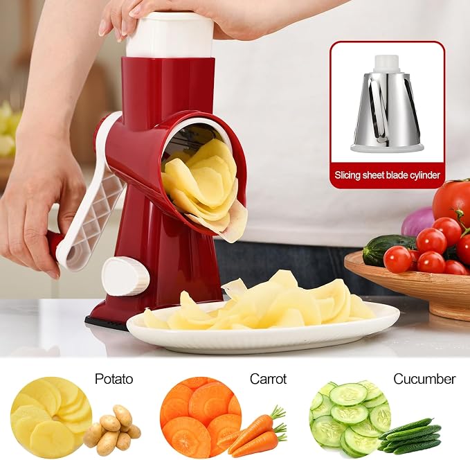 Rotary Cheese Grater Manual Hand Crank 3-in-1 Vegetable Shredder | Finger-safe design, stainless steel drums, suction base. Perfect for cheese, vegetables, nuts & chocolate. Easy to clean