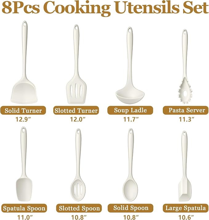LIANYU 8Pcs Kitchen Cooking Utensils Set, Silicone Utensil Sets, Heat Resistant Kitchen Gadgets Essentials for Nonstick Cookware with Spatula, Spoon, Tuner, Ladle, Dishwasher Safe, White
