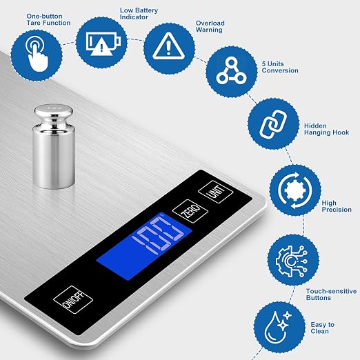 Food Scale, Digital Kitchen Scale for Kitchen 1g Precision, 22lb | Tare Function, Backlit LCD, Incloud Batteries 304 Stainless Steel 5 Units (g/kg/lb:oz/ml/fl.oz) For Baking Cooking Prep