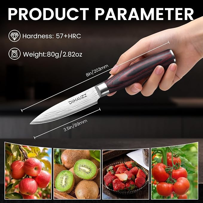 DiiHAUZZ Paring Knife, 3.5 Inch Fruit Knife, High Carbon Stainless Steel | Ultra Sharp Forged Blade, Ergonomic Pakkawood Handle No Cracking, Peeling Fruits Cutting Slicing Vegetable, Gift Box & Sheath