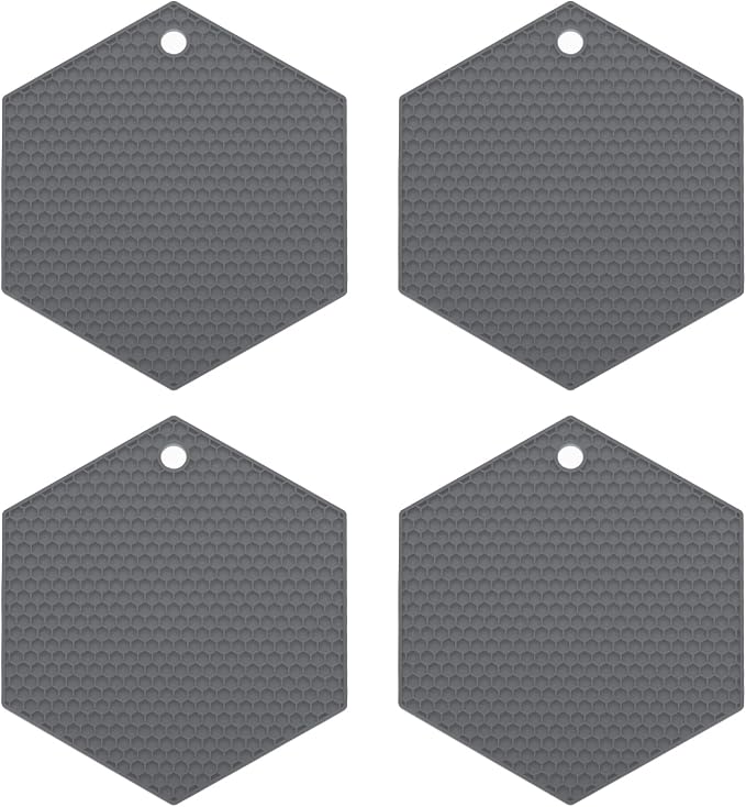 uxcell 4pcs Silicone Trivet Mats Heat Resistant Silicone Pot Holders for Hot Pots and Pans, Non-Slip Hot Pads for Kitchen Hot Dishes Table Countertops, Dark Grey(Hexagonal)