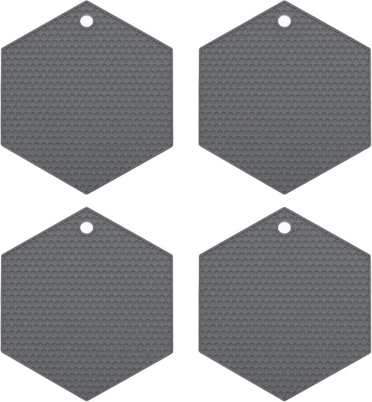 uxcell 4pcs Silicone Trivet Mats Heat Resistant Silicone Pot Holders for Hot Pots and Pans, Non-Slip Hot Pads for Kitchen Hot Dishes Table Countertops, Dark Grey(Hexagonal)