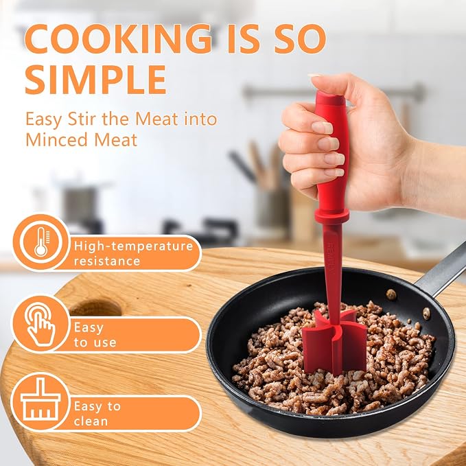 Meat Chopper, Multifunctional Hamburger Meat Chopper, Professional Heat Resistant Nylon Meat/Potato Masher - Safe for Non-Stick Cookware, Chop, and Stir Meat Masher Tool, Red.
