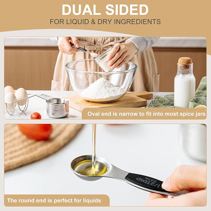 Stainless Steel Measuring Cups & Spoons Set, EWFEN Kitchen Tools Nesting Measuring Cups and Spoons, Fits in Spice Jars for Baking & Cooking, BPA Free, Set of 15 with Leveler, Black