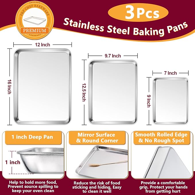 P&P CHEF 16 + 12.5 + 9 Inch Baking Sheet Pan and Cooking Rack - 6 Pieces | 3x Cookie Sheet + 3x Grid Rack, Stainless Steel Oven Tray with Wire Rack for Oven Baking, Healthy & Sturdy & Easy to Clean