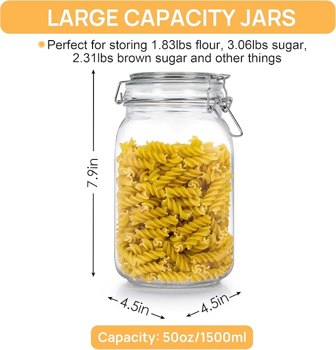 50oz Glass Food Storage Jars with Airtight Clamp Lids, 3 Pack | Food Storage Canister for Kitchen, Pantry Organization, Square Mason Jars for Storing Sugar, Flour, Cereal,Coffee,Cookies