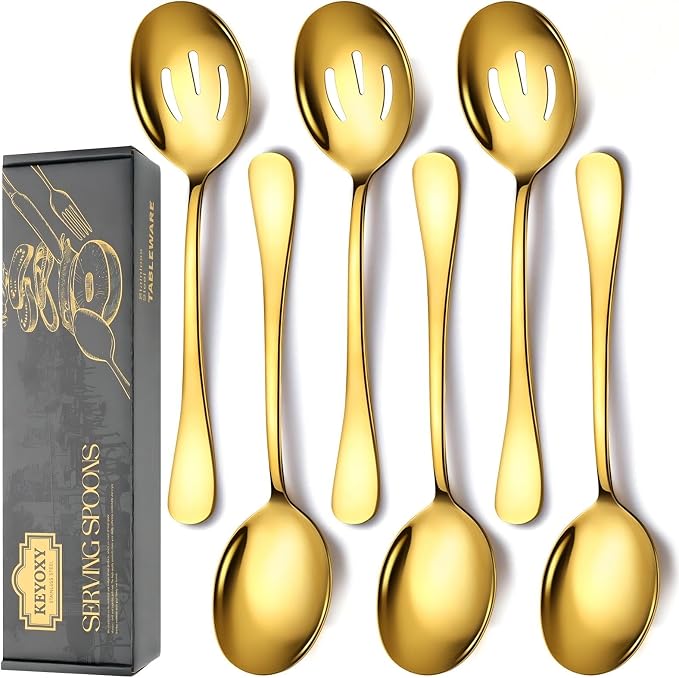 Stainless Steel Serving Spoons Set, 6pc, 10-Inch, Includes 3 Large, 3 Slotted, for Parties/Kitchen/Buffet/Catering, Dishwasher Safe, Gold