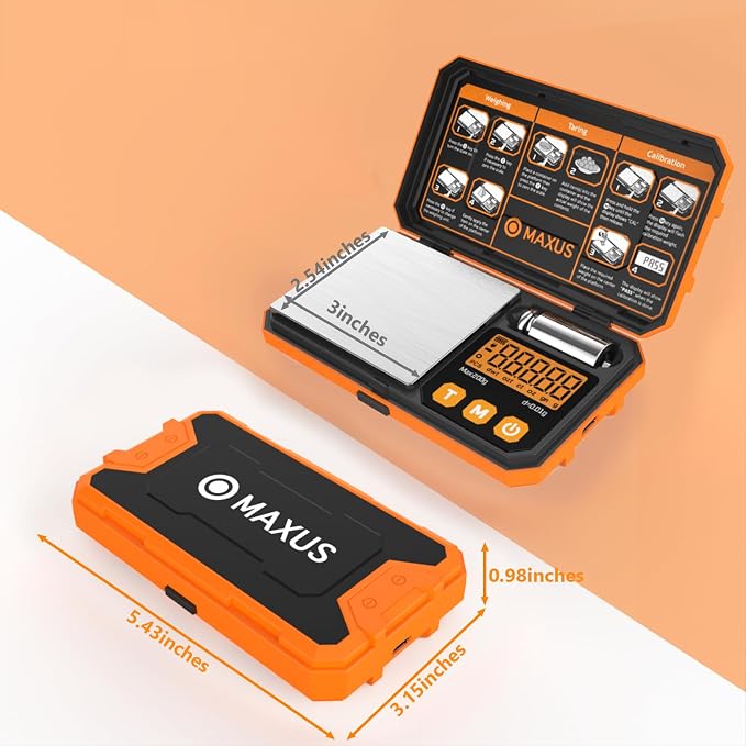 Pocket Scale, 200g x 0.01g, with 50g Calibration Weight and USB Cable | Digital Gram Scale, 6 Units, Backlit LCD, Stainless Steel Platform, Rubber Edges, for Jewelry, Coins, Powders, Food or Gems