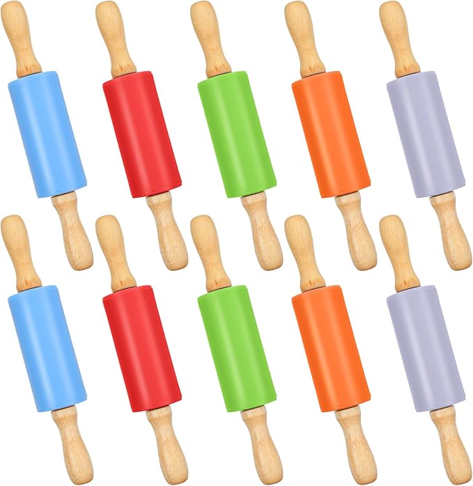 10 Pcs Small Rolling Pin Kids 9 Inch Mini Rolling Pin Silicone Wooden Cooking Pins Baking 5 Colors Non Stick with Wooden Handle for Christmas Kitchen Dough Cookie Pastry Fondant Cake, Christmas Gifts