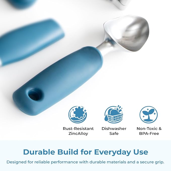 OOU Ice Cream Scoop, Stainless Steel Dessert Scoop with Premium Zinc Alloy Construction, Comfortable Ergonomic TPE Non-Slip Grip Handle, Blue