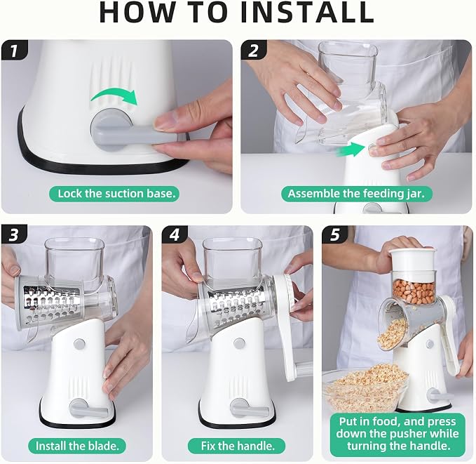 5 in 1 Rotary Cheese Grater, Manual Hand Crank Cheese Grater With Reinforced Suction & 5 Interchangeable Blades, Multifunctional Cheese Shredder, Easy to Use and Clean, White