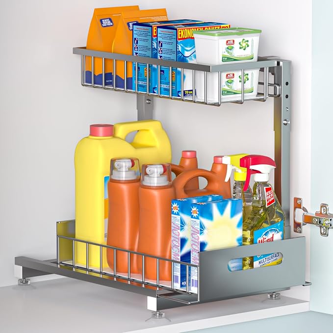 L-Shaped Under Sink Organizer, 2-Tier Pull-out Cabinet Rack 1-Pack | Grey Height-Adjustable Steel Rack, Sliding Grid Drawers with PP Liners, Holds 100 Lbs, Suction Base, Ideal Kitchen Storage