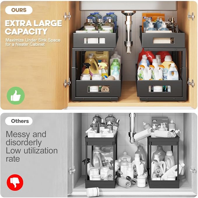 2 Packs 19IN Depth Under Sink Organizer, 2-Tier Pull Out Cabinet Organizer With Smooth Circular Rail, Large Capacity Metal Mesh Sliding Drawers For Bathroom& Kitchen Storage,Height Adjustable –Black