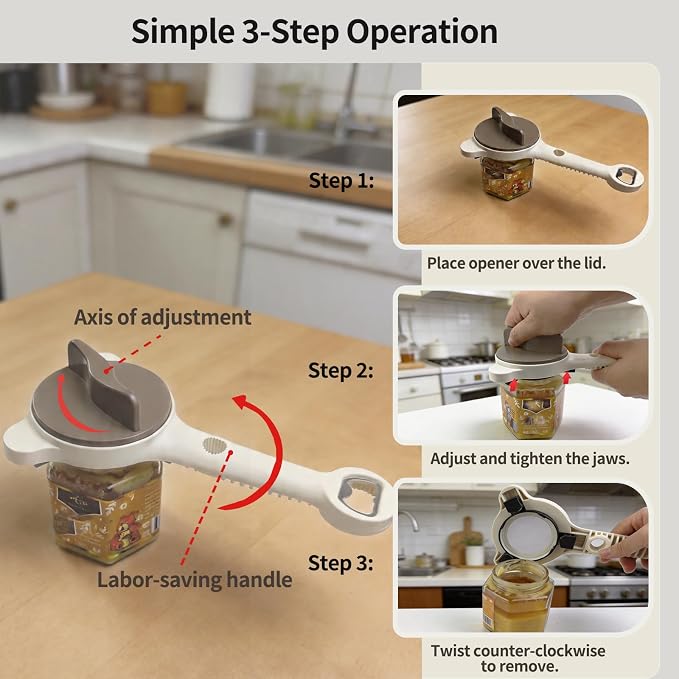 Jar Opener for Weak Hands, Seniors with Arthritis, 4-in-1 Multi-Purpose Lid Opener Includes Magnetic Hook & Rubber Gripper for Jars, Bottles and Beer Caps (Beige)