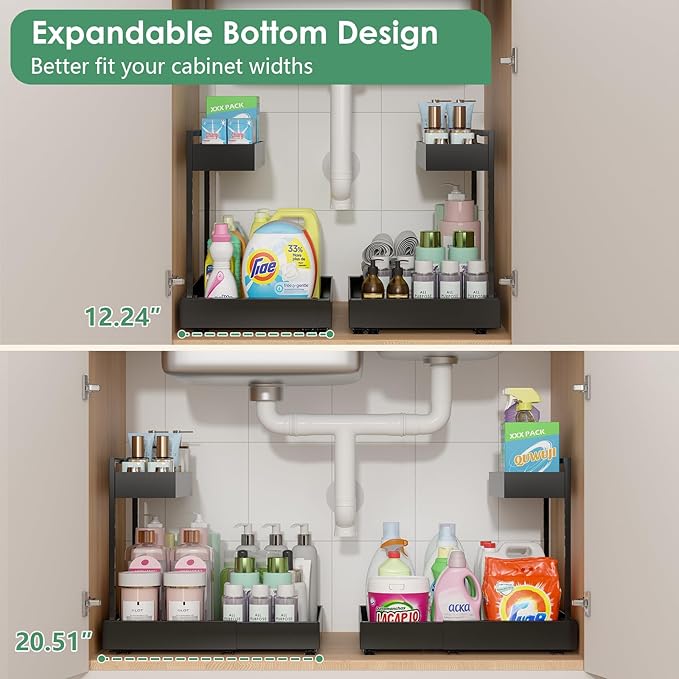 Under Sink Organizer, L-Shaped Pull Out Cabinet Rack for Kitchen | Expandable Width, 6-Level Height, Built For Bathrooms And Laundry Rooms, Quiet Sliding Rails, Duty Alloy Steel Frame,2 Pack