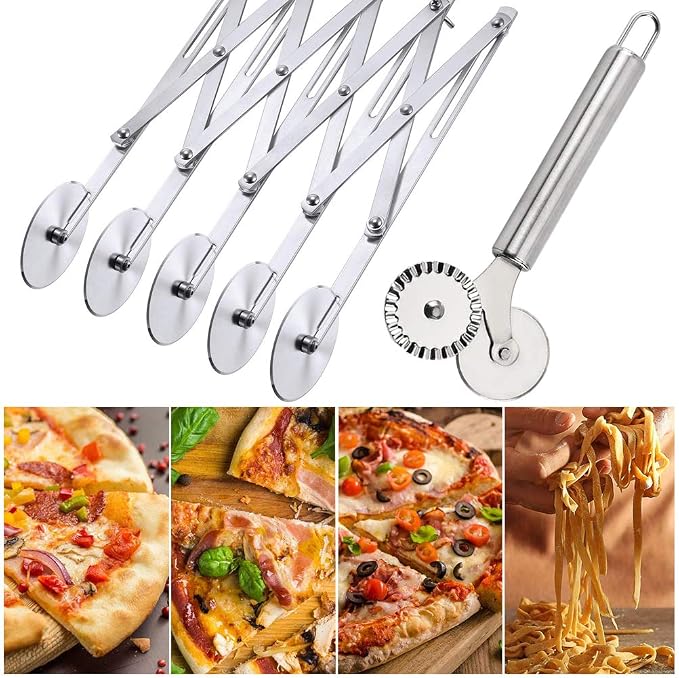 2 Pcs 5 Wheel Pastry Cutter Pizza Cutter Stainless Steel Knife | Multi-round Slicer Wheels, Expandable Roller Dough Divider Tools, Baking Pies Cookies Waffles Lattice Cutting Sheets Gears