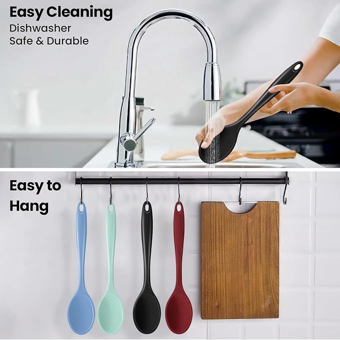 GEEKHOM Silicone Cooking Spoons, 4 Pieces 11" Heat Resistant Silicone Kitchen Utensils Set Large Serving Stirring Spoons for Non Stick Cooking, Mixing, Basting, Baking, Black