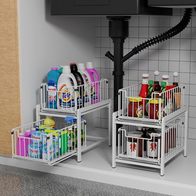 2-Tier Pull Out Cabinet Organizer, Slide Out Under Sink Organizer | Metal Cabinet Baskets with Mesh Sliding Drawer for Home, Office, Bathroom, Kitchen, Pantry Storage Shelf, Large White