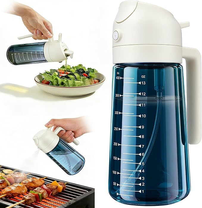 Glass Olive Oil Sprayer for Cooking (16oz/470ml), 2 in 1 Olive Oil Dispenser Bottle for Kitchen Gadgets and Air Fryer Accessories, Salad, BBQ - 1-Pack, Blue White