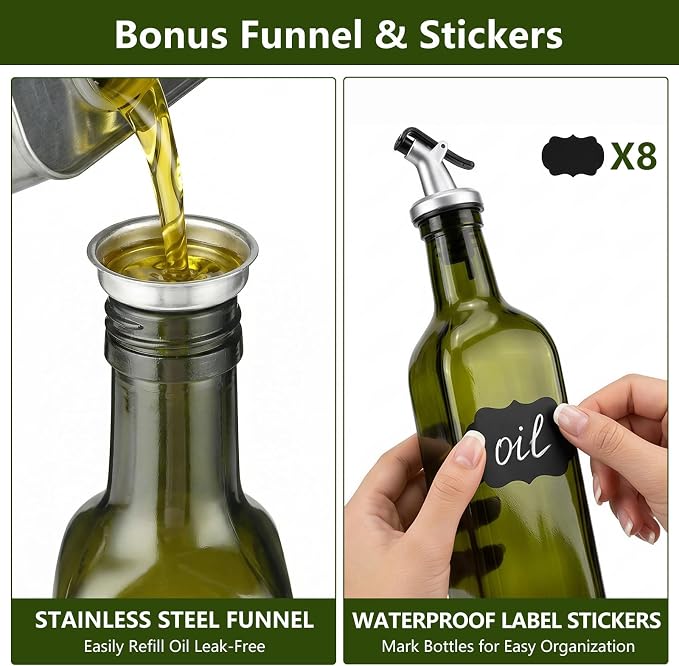 WERTIOO Green Oil Dispenser for Kitchen 1Pack, 17oz Olive Oil Dispenser Set | 500ml Oil and Vinegar Dispenser Set, Olive Oil Bottles for Kitchen, Glass Bottles for Vinegar, with Pourer, Funnel and Label