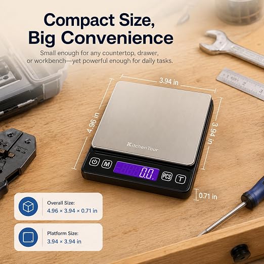 KitchenTour Digital Kitchen Gram Scale - 3000g/0.1g - High Accuracy Precision Food Scale with 9 Units(g/oz/ml/lb/lb:oz/gn/ozt/DWT/ct) - Meat Scale with Back-Lit LCD Display(Batteries Included)