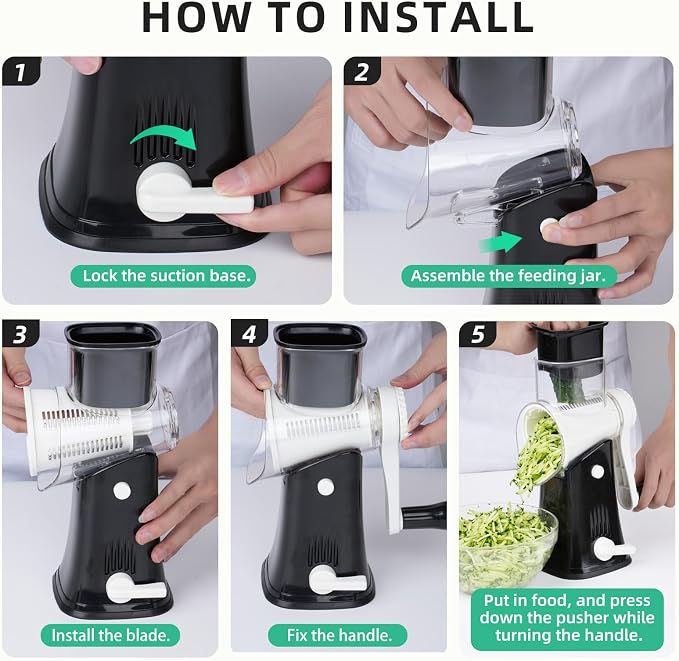 5 in 1 Rotary Cheese Grater, Manual Hand Crank Cheese Grater With Reinforced Suction & 5 Interchangeable Blades, Multifunctional Cheese Shredder, Easy to Use and Clean, Black