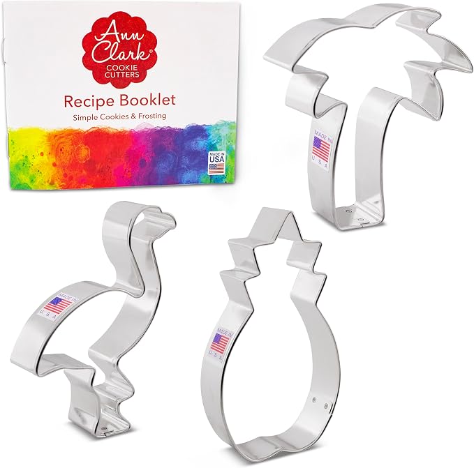 Ann Clark Tropical Hawaiian Cookie Cutters 3-Pc. Set Made in USA, Flamingo, Palm Tree, Pineapple