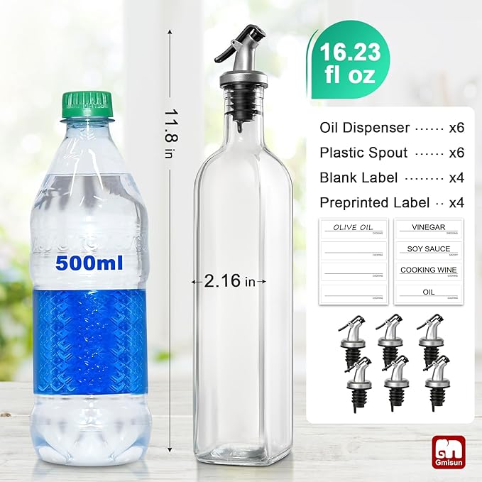 gmisun Olive Oil Dispenser Bottle, 6 Pack Oil Dispensers Bottles for Kitchen, Cooking Vinegar Dispenser Set, Glass Container Cruet-Pourer Spout, Funnel and Labels