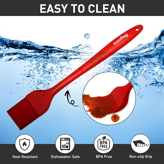 Begonia Silicone Basting Pastry Brush,2pcs 10+8 inch BBQ Sauce Brush,Red | Heat-Resistant, For Cooking, Baking, Grilling, Spreading Oil or Butter, Dishwasher-Safe